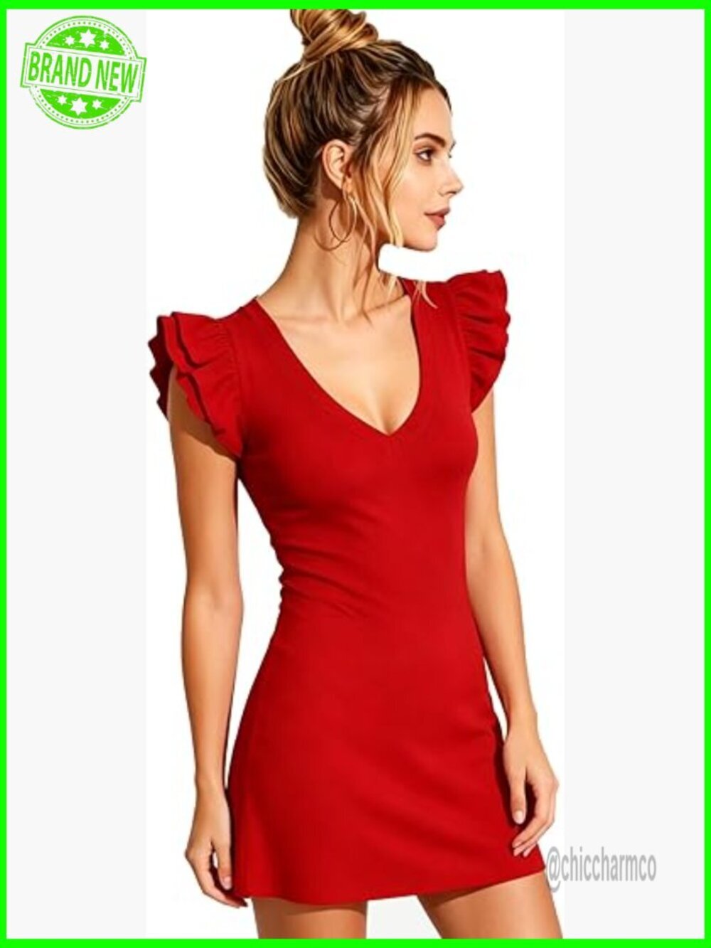 Women's Bodycon Mini Dress V Neck Ruffle Short Sleeve Slim Fit Party Cocktail